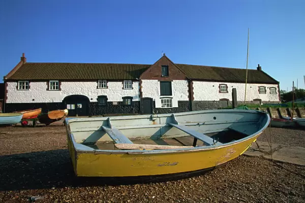 Boat and boathouse, Burnham Overy Staithe, Norfolk, England, United Kingdom, Europe
