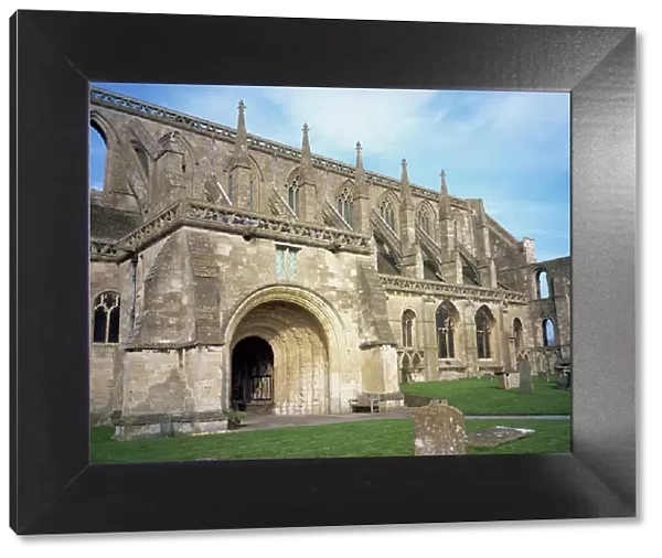 Norman arch and flying buttresses, Malmesbury Abbey, Malmesbury, Wiltshire