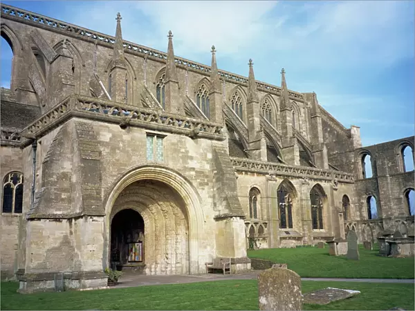 Norman arch and flying buttresses, Malmesbury Abbey, Malmesbury, Wiltshire