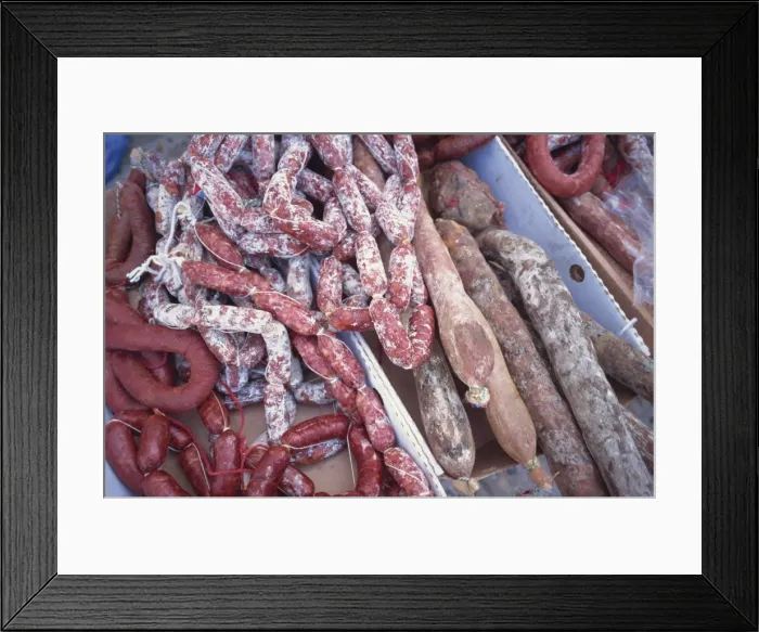 Framed Print : Sausages in the market, Extramadura, Spain, Europe Framed Print : Sausages in the market, Extramadura, Spain, Europe