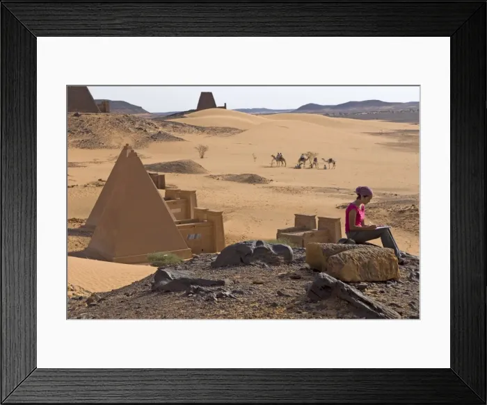 Framed Print : Tourist at the Pyramids of Meroe, Sudan, Africa