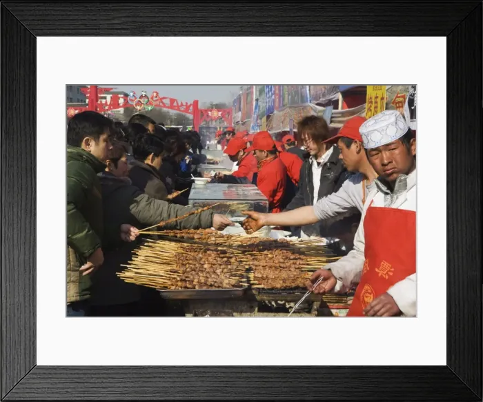 Framed Print : Food stalls selling meat sticks at Changdian Street Fair during Chinese New Year Framed Print : Food stalls selling meat sticks at Changdian Street Fair during Chinese New Year