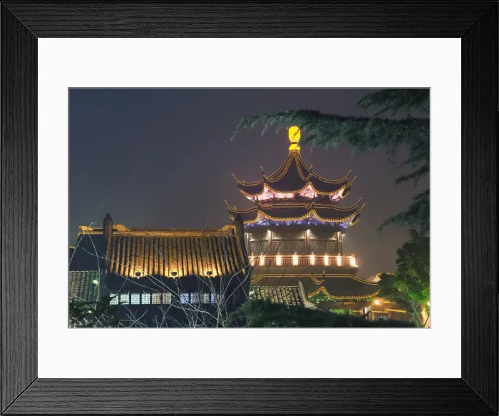 Framed Print : Pagoda and traditional architecture illuminated at night in Shantang water town Framed Print : Pagoda and traditional architecture illuminated at night in Shantang water town