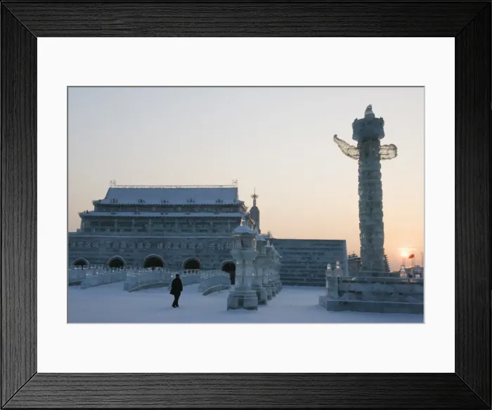 Framed Print : Sunset and replica Forbidden City ice sculpture at the Ice Lantern Festival Framed Print : Sunset and replica Forbidden City ice sculpture at the Ice Lantern Festival