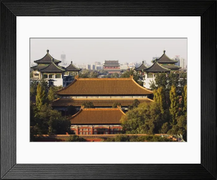 Framed Print : Temple buildings in Jingshan Park looking down to the Drum tower in the distance Framed Print : Temple buildings in Jingshan Park looking down to the Drum tower in the distance