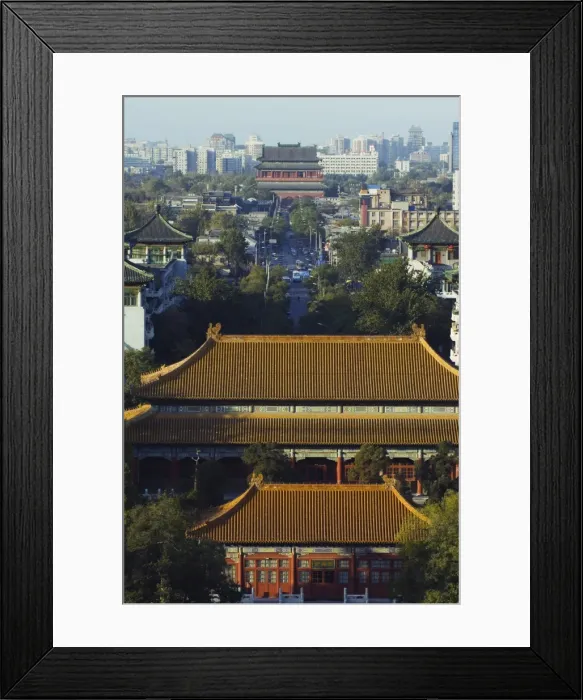 Framed Print : Temple buildings in Jingshan Park looking down to the Drum tower in the distance Framed Print : Temple buildings in Jingshan Park looking down to the Drum tower in the distance