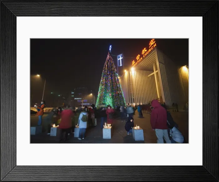 Framed Print : Night time illuminations of a Christmas tree and decorations at a Christian church celebrating in Beijing Framed Print : Night time illuminations of a Christmas tree and decorations at a Christian church celebrating in Beijing