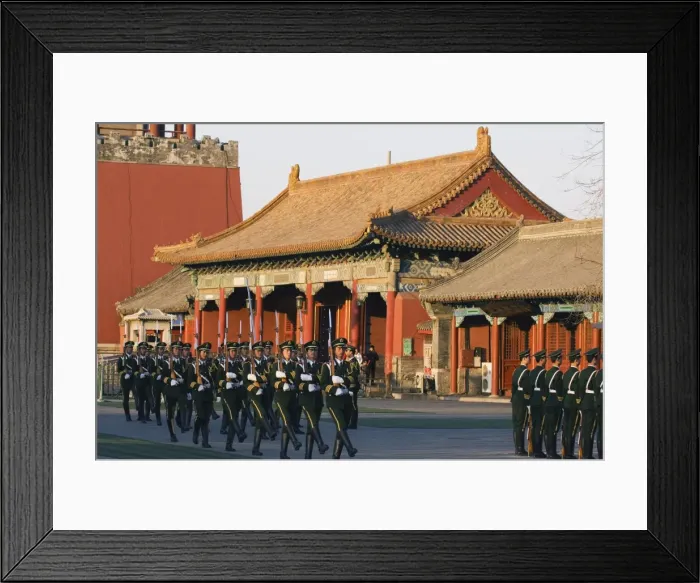 Framed Print : Military soldiers drill marching outside the Forbidden City Palace Museum