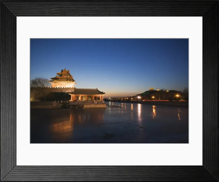 Framed Print : Forbidden City Palace Museum moat and Jingshan Park pavilions illuminated at night Framed Print : Forbidden City Palace Museum moat and Jingshan Park pavilions illuminated at night