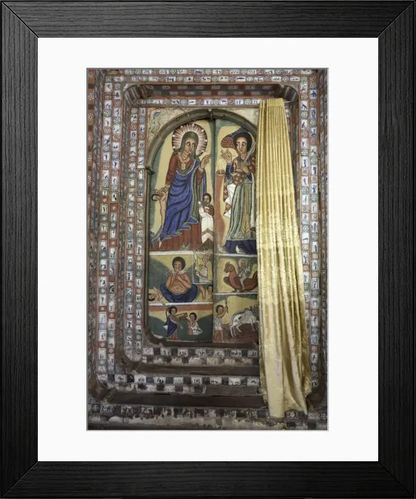 Framed Print : Paintings depict scenes from the Bible, on the inner sanctuary (maqdas) of the monastery of Ura Kidane Meret, on Lake Tana Framed Print : Paintings depict scenes from the Bible, on the inner sanctuary (maqdas) of the monastery of Ura Kidane Meret, on Lake Tana