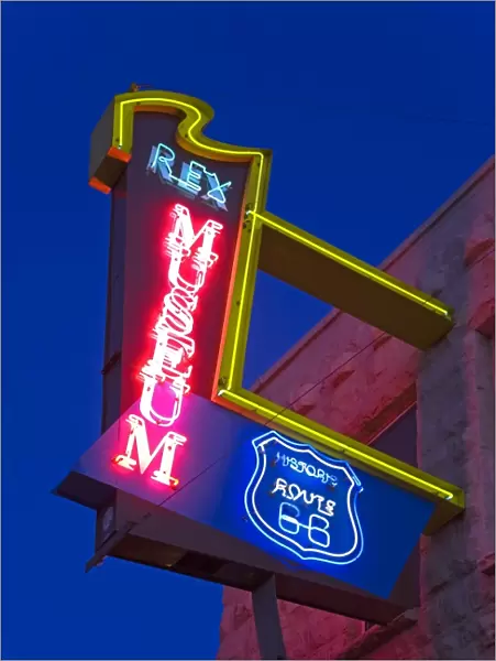 Neon sign for Rex Historical Museum, Historic Route 66, Gallup, New Mexico