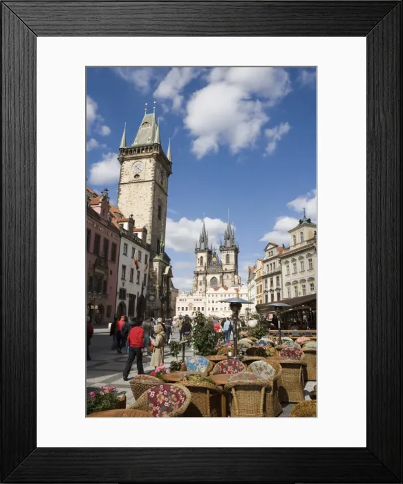 Framed Print : Town Hall and cafe, Old Town Square, Church of Our Lady before Tyn in background Framed Print : Town Hall and cafe, Old Town Square, Church of Our Lady before Tyn in background