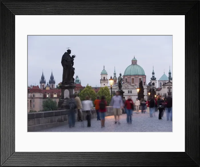 Framed Print : Statues and crowd on Charles Bridge, UNESCO World Heritage Site, with the dome of the church of St Framed Print : Statues and crowd on Charles Bridge, UNESCO World Heritage Site, with the dome of the church of St