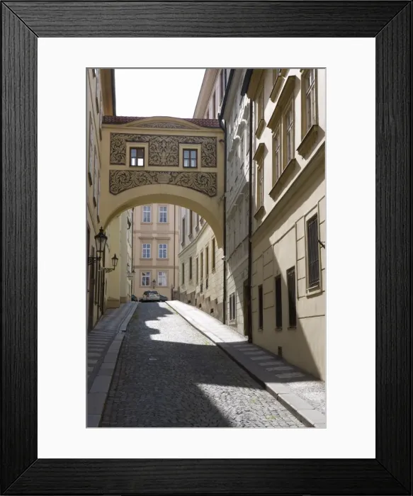 Framed Print : Empty street scene, decorative arch, Little Quarter, Old Town, Prague, Czech Republic