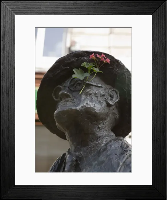 Framed Print : Statue of James Joyce with flower added, North Earl Street, Dublin, Republic of Ireland Framed Print : Statue of James Joyce with flower added, North Earl Street, Dublin, Republic of Ireland