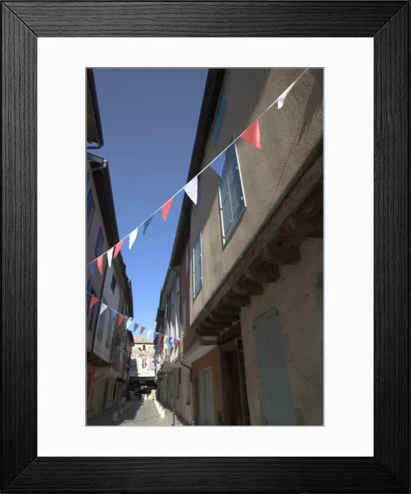 Framed Print : Narrow street with flags, Mirepoix, Ariege, Midi-Pyrenees, France, Europe