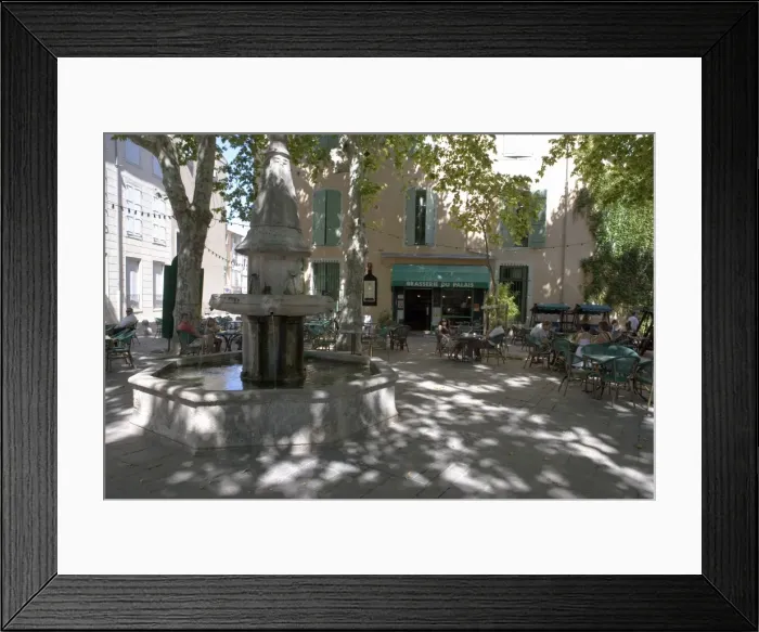 Framed Print : Shady square with cafe brasserie, Place de la Revolution, Beziers, Herault Framed Print : Shady square with cafe brasserie, Place de la Revolution, Beziers, Herault