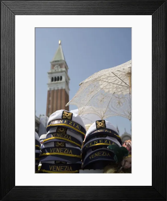 Framed Print : Captains hats and sun umbrellas for sale in St. Marks Square Framed Print : Captains hats and sun umbrellas for sale in St. Marks Square