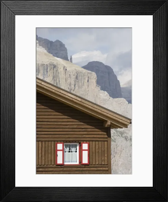 Framed Print : Chalet in front of the Gruppo del Sella mountains, the Dolomites, Italy, Europe