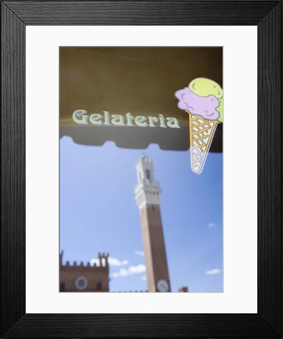 Framed Print : The tower of Palazzo Pubblico reflected in Gelateria window, Piazza del Campo Framed Print : The tower of Palazzo Pubblico reflected in Gelateria window, Piazza del Campo