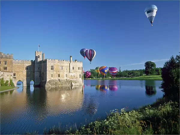 Hot air balloons taking off from Leeds Castle grounds, Kent, England, United Kingdom
