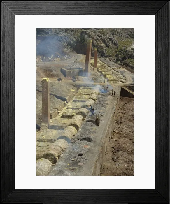 Framed Print : Line of pynto ore furnaces on right and sulphur condensation chambers on left Framed Print : Line of pynto ore furnaces on right and sulphur condensation chambers on left