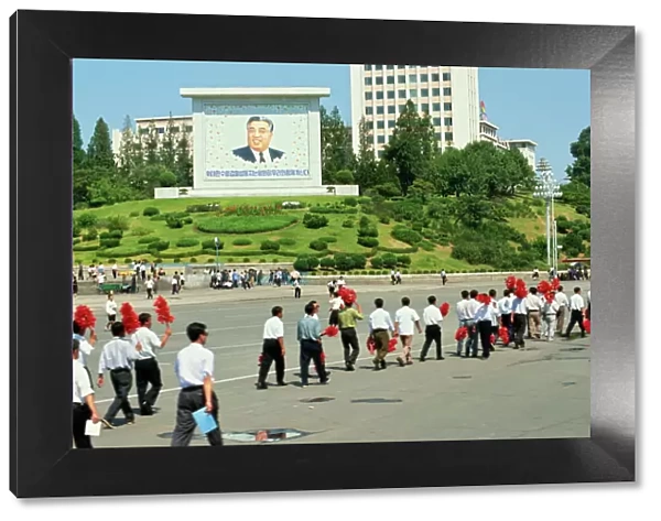 Large picture of Great Lerader and car-less people walking, Pyongyang, North Korea, Asia