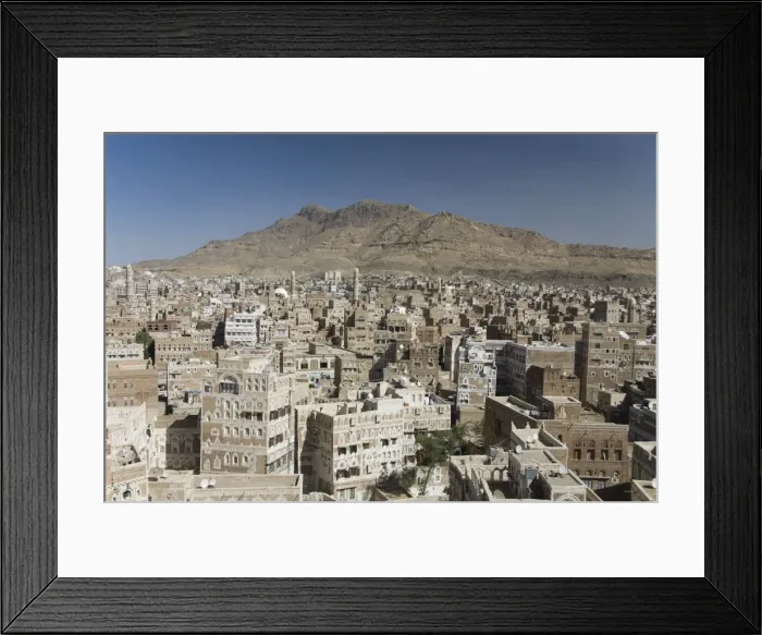 Framed Print : View across Old City of traditional tall brick-built houses, Sana a Framed Print : View across Old City of traditional tall brick-built houses, Sana a
