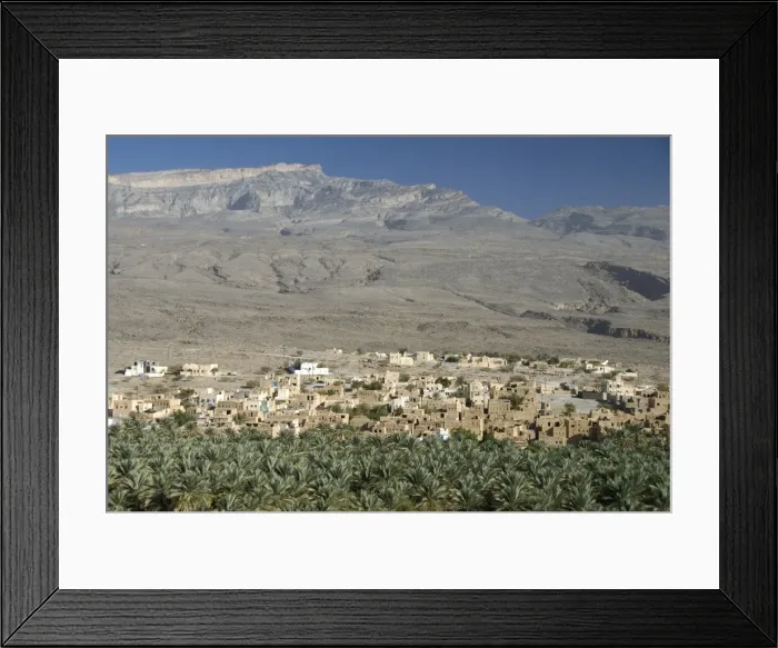 Framed Print : Small town beside its irrigated palmery, Al Hamra, at foot of mountain of Jabal Akhdar Framed Print : Small town beside its irrigated palmery, Al Hamra, at foot of mountain of Jabal Akhdar