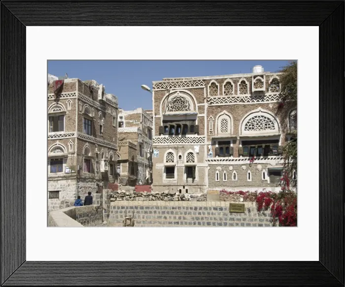 Framed Print : Traditional ornamented brick architecture on houses, Old City, Sana a