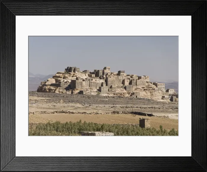 Framed Print : Old village built on sandstone crag, Al Gorza, Shibam valley, near San a Framed Print : Old village built on sandstone crag, Al Gorza, Shibam valley, near San a