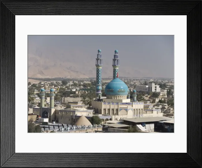 Framed Print : Minarets and dome of main mosque centre of desert town, Lar city, Fars province