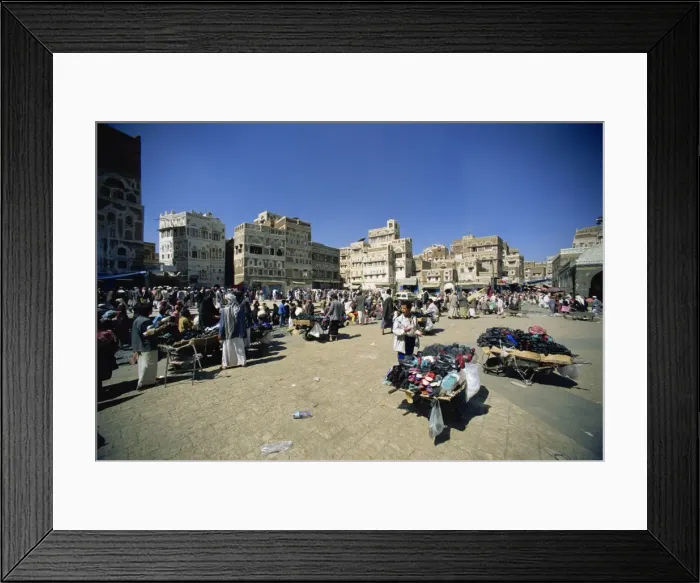 Framed Print : Shoe stalls at Bab Al Yemen gate in city walls, Sana a Souk, Sana a Framed Print : Shoe stalls at Bab Al Yemen gate in city walls, Sana a Souk, Sana a