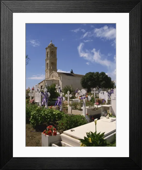 Framed Print : Graves decorated for Easter in front of church at Kiti, Cyprus, Europe Framed Print : Graves decorated for Easter in front of church at Kiti, Cyprus, Europe