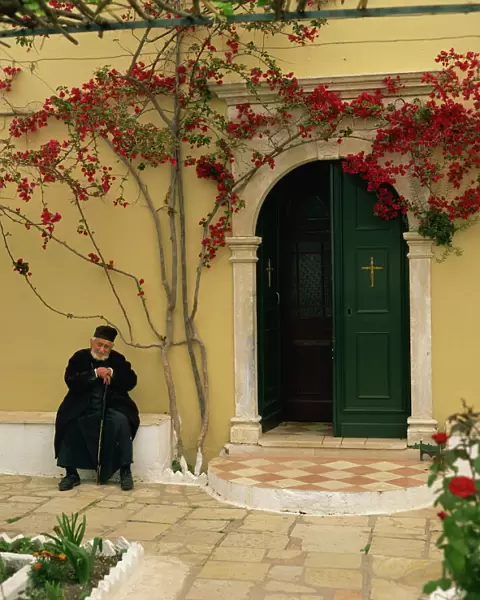 Resident monk at chapel door, Paleokastritsa Monastery, Corfu, Ionian Islands