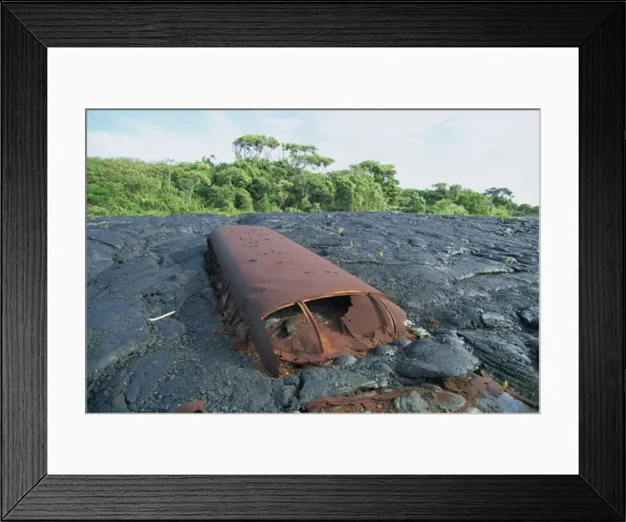 Framed Print : School bus near Kaimu buried in the 1988 basalt lava flows that covered a large area of the southeast Puna coast, Big Island, Hawaii, Hawaiian Islands, United States of America, Pacific Framed Print : School bus near Kaimu buried in the 1988 basalt lava flows that covered a large area of the southeast Puna coast, Big Island, Hawaii, Hawaiian Islands, United States of America, Pacific