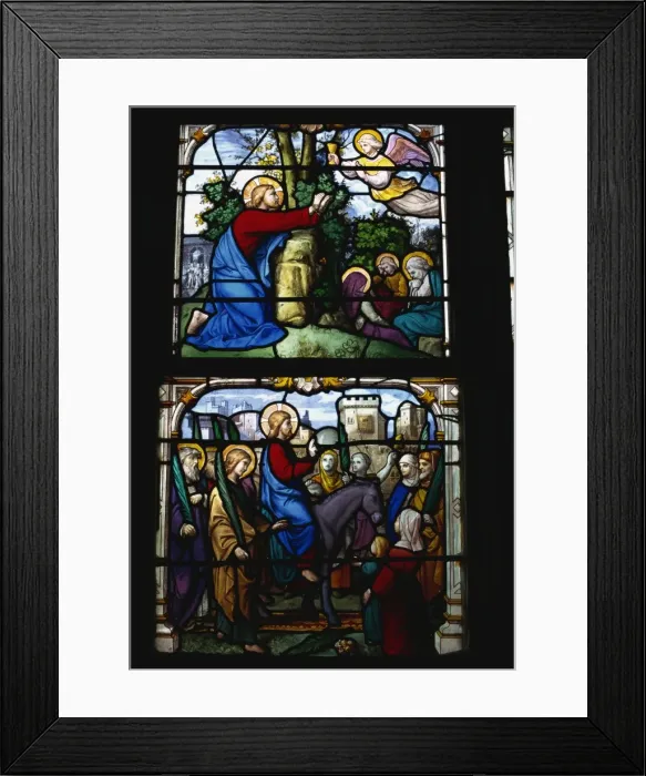 Framed Print : Stained glass of Christ entering Jerusalem and the Garden of Gethsemane Framed Print : Stained glass of Christ entering Jerusalem and the Garden of Gethsemane