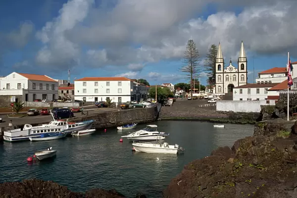 Harbour and church, Madalena, Pico, Azores, Portugal, Atlantic, Europe