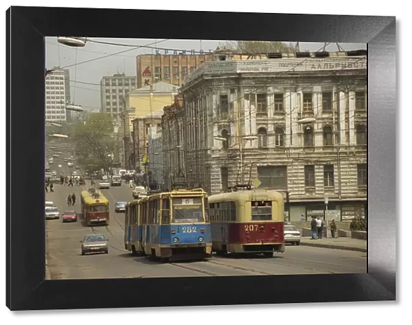 Trams in the street, Vladivostok, Russian Far East, Russia, Europe