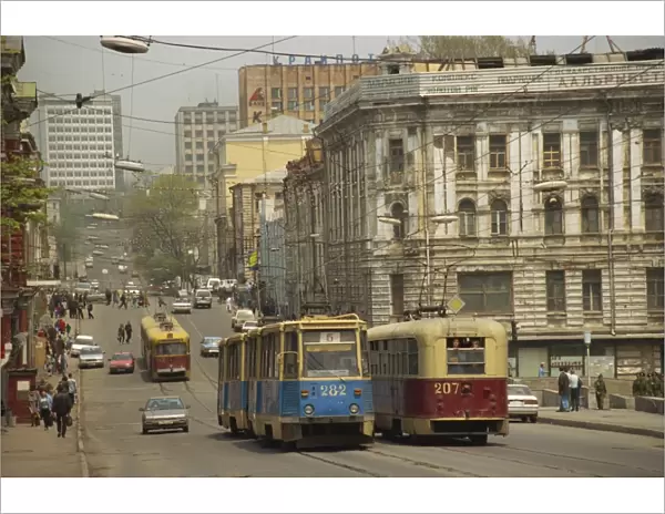 Trams in the street, Vladivostok, Russian Far East, Russia, Europe