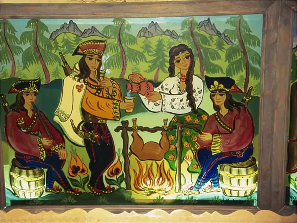 Glass panels of folk art at Redykokka Restaurant, Zakopane, Makopolska, Poland, Europe