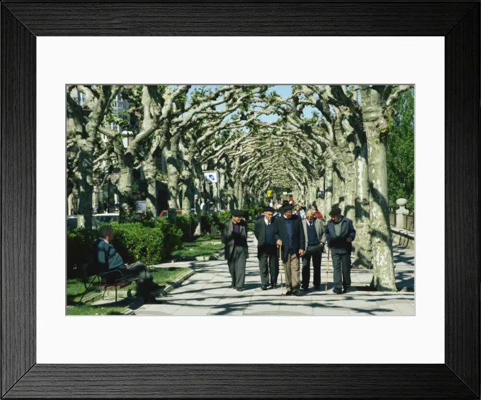 Framed Print : Men in berets in paseo conversation by River Arlanzon, Burgos, Castilla y Leon Framed Print : Men in berets in paseo conversation by River Arlanzon, Burgos, Castilla y Leon