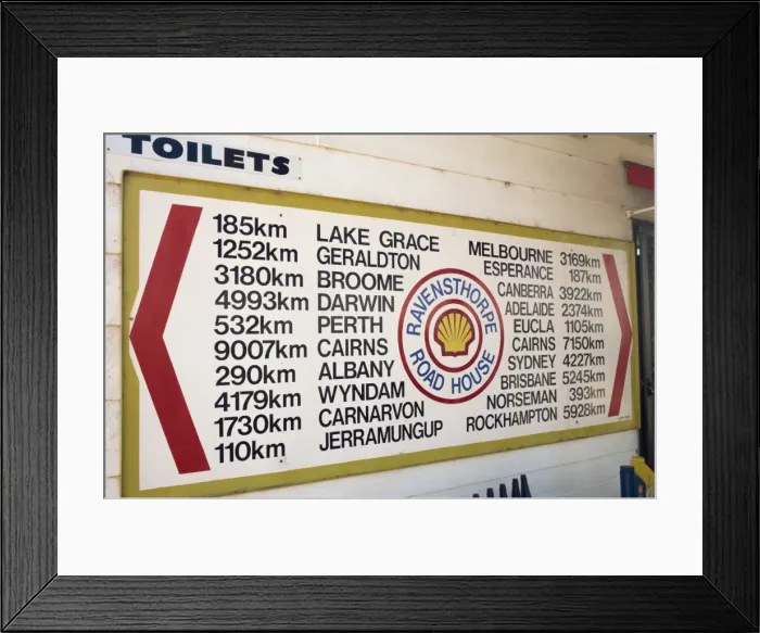 Framed Print : Shell station distance list showing country distances, Ravensthorpe, Western Australia Framed Print : Shell station distance list showing country distances, Ravensthorpe, Western Australia