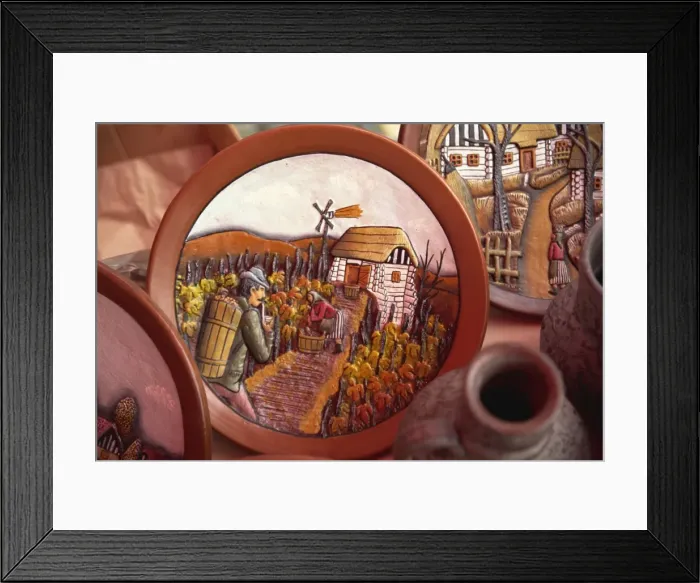 Framed Print : Plates with rural scenes for sale, Zagreb, Croatia, Europe
