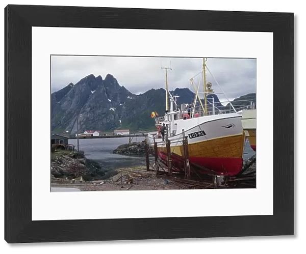 Fishing boat on slips, Sund, Lofoten Islands, Norway, Scandinavia, Europe