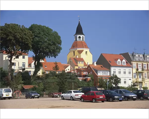 Klokketarnet of medieval church rises above town, Faaborg, Funen, Denmark