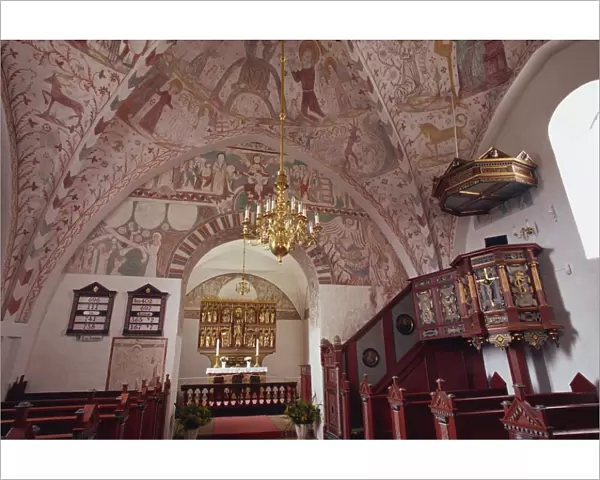 Interior of Keldby church, with frescoes by Elmelunde Master, Keldby, Mon