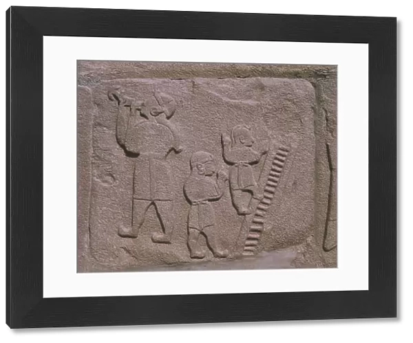Copy at archaeological sites of Hittite relief showing sword swallowers and acrobats