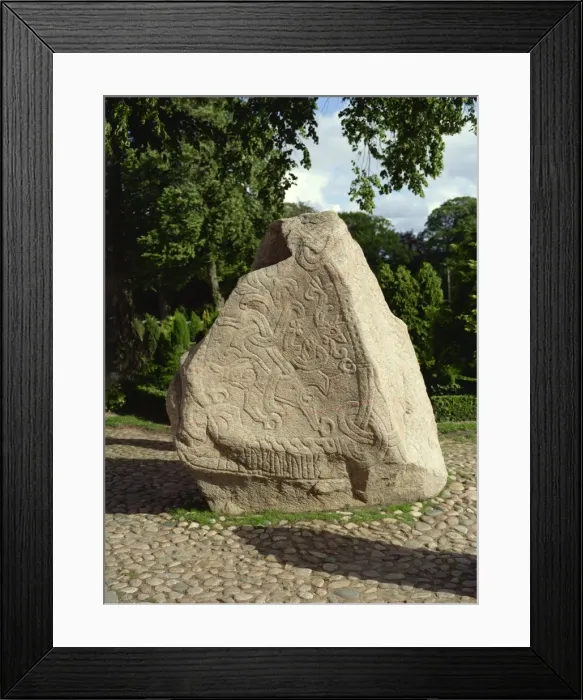 Framed Print : Rune stone referring to burials of Harald Blue Tooth, in Jelling churchyard Framed Print : Rune stone referring to burials of Harald Blue Tooth, in Jelling churchyard