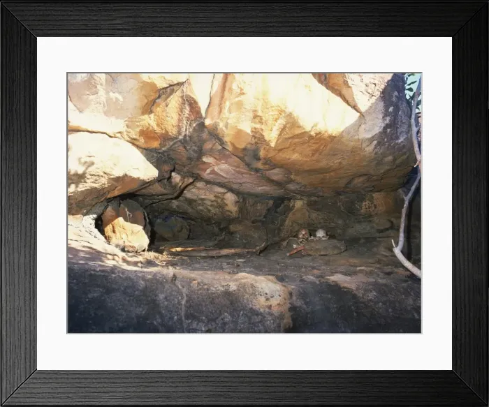 Framed Print : Aboriginal burial in rock cavity, with roof painting, near King Edward River
